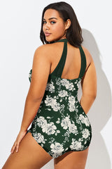 Green Floral Print Sarong Front One Piece Swimsuit