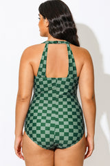 Green Check Sarong Front One Piece Swimsuit