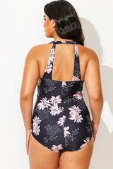 Floral Print H-Back Sarong Front One Piece Swimsuit