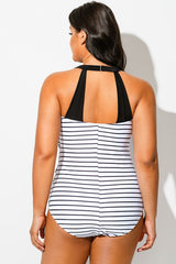 Striped H-Back Sarong Front One Piece Swimsuit