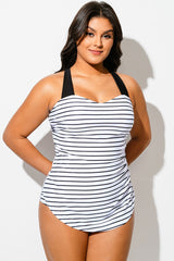 Striped H-Back Sarong Front One Piece Swimsuit
