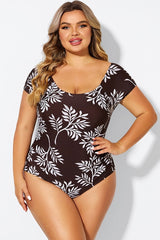 V-Neck Leaf Print Ruffles sleeves One Piece Swimsuit
