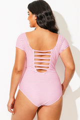 Pink Stripes Round Neck Women One Piece Swimsuit