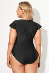 Black Zip Front Frill Sleeve Paneled One Piece Swimsuits