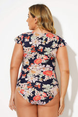 Flower Frill Sleeve Zip Up One Piece Swimsuits