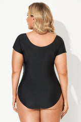 Black Short Sleeve Tie Front One Piece Swimsuits