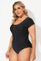 Black Short Sleeve Tie Front One Piece Swimsuits