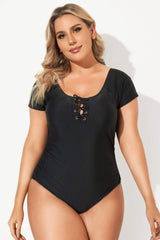 Black Short Sleeve Tie Front One Piece Swimsuits