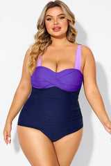 Plus Size Purple Color Block One Piece Swimsuit