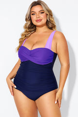 Plus Size Purple Color Block One Piece Swimsuit