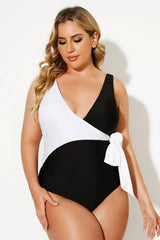 Black & White V-neck Tie Wrap One Piece Swimsuit