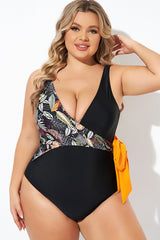 Black Printed Tie Wrap One Piece Swimsuit