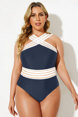 Navy & White Crossover Vintage One Piece Swimsuit