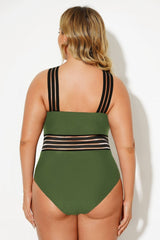 Green Mesh Hollow Criss Cross One Piece Swimsuit