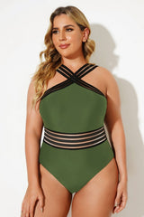 Green Mesh Hollow Criss Cross One Piece Swimsuit