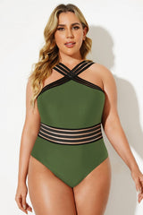 Green Mesh Hollow Criss Cross One Piece Swimsuit