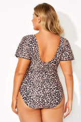Leopard Printed One Piece Swimsuit with Sleeves