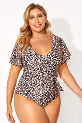 Leopard Printed One Piece Swimsuit with Sleeves