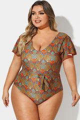 V-Neck Flutter Sleeve Belt One Piece Swimsuit