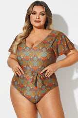 V-Neck Flutter Sleeve Belt One Piece Swimsuit
