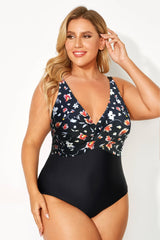 Floral Print Twist Front V-Neck One Piece Swimsuit