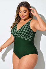 Green Check Adjustable Straps One Piece Swimsuit