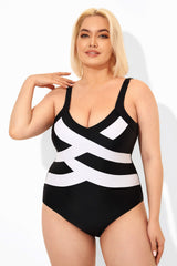 Black & White V-Neck Criss Cross One Piece Swimsuits