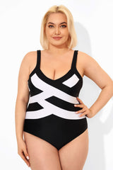 Black & White V-Neck Criss Cross One Piece Swimsuits