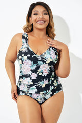 Floral Printed Wide Strap Wrap Shirred One Piece Swimsuit