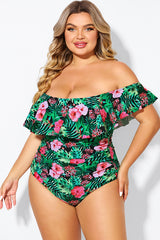 Floral Print Bandeau Off The Shoulder Ruffle One Piece Swimsuit