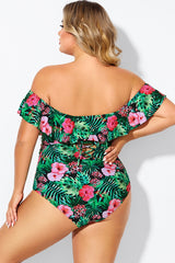 Floral Print Bandeau Off The Shoulder Ruffle One Piece Swimsuit