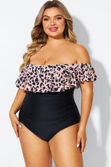 Animal Print Ruffle Off Shoulder One Piece Swimsuit
