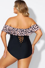 Animal Print Ruffle Off Shoulder One Piece Swimsuit