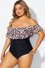 Animal Print Ruffle Off Shoulder One Piece Swimsuit