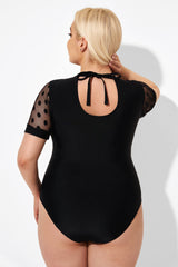 Fashionable Black Mesh Round Neck One Piece Swimsuit