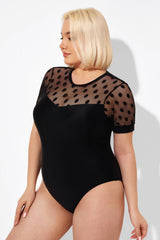 Fashionable Black Mesh Round Neck One Piece Swimsuit