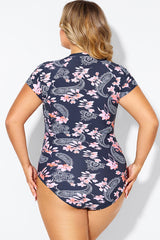 Pink Floral Tummy Control Cap Sleeves One Piece Swimsuit
