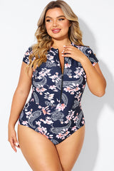 Pink Floral Tummy Control Cap Sleeves One Piece Swimsuit