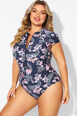 Pink Floral Tummy Control Cap Sleeves One Piece Swimsuit