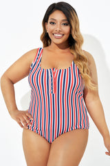 Americana Stripe Button Front One Piece Swimsuit