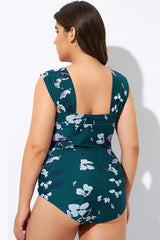 Deep Green Floral Off Shoulder One Piece Swimsuit