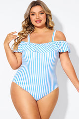 Blue & White Striped Off The Shoulder One Piece Swimsuit
