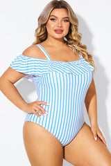 Blue & White Striped Off The Shoulder One Piece Swimsuit