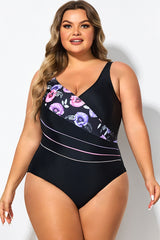 Black Flower Printed Women One Piece Swimsuit