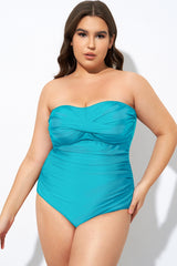 Blue Twist Front Strapless Bandeau One Piece Swimsuit