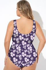 Purple Stripe Floral Print Knotted One Piece Swimsuit