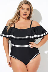 Black and White Off Shoulder Ruffles One Piece Swimsuit