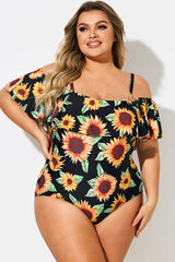 Sunflower Print Off-Shoulder Ruffle Trim One Piece Swimsuit