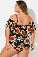 Sunflower Print Off-Shoulder Ruffle Trim One Piece Swimsuit