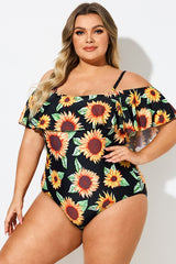 Sunflower Print Off-Shoulder Ruffle Trim One Piece Swimsuit
